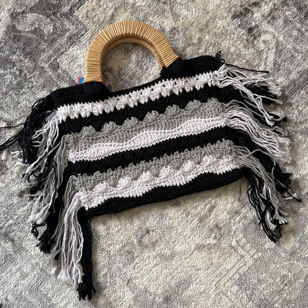 NANNACAY Fringed Knit Tote Black Vera Striped Crochet Bag
